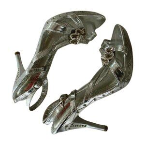 Silver Iridescent Unique Y2K Sandal Heels Flower Bling Jewels